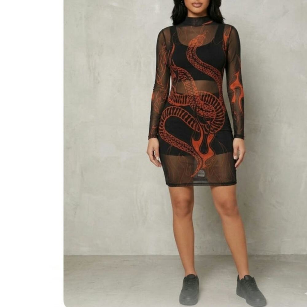 Bershka NWT Cuidado con el Perro Sheer Mesh Snake Mini Dress Large red black